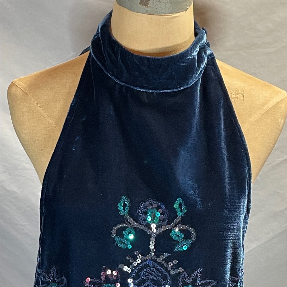 Free People Deep Blue Velvet Sleeveless Mini Dress with Sequin Details - Picture 4 of 11